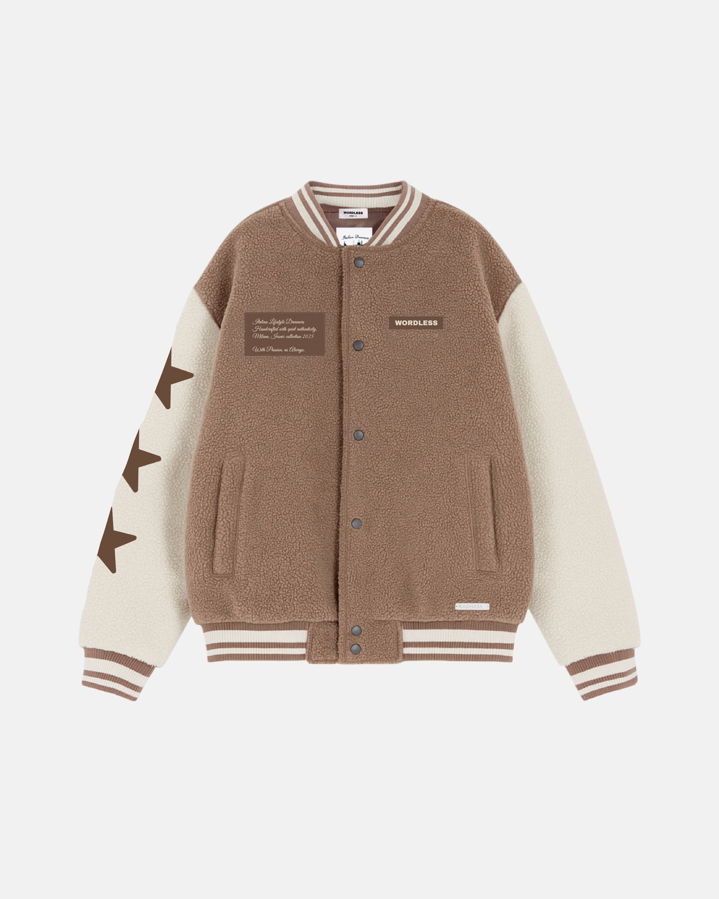 WORDLESS ICONIC TEDDY VARSITY JACKET