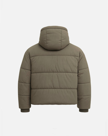 WORDLESS HOODED PUFFER JACKET WITH FLAP