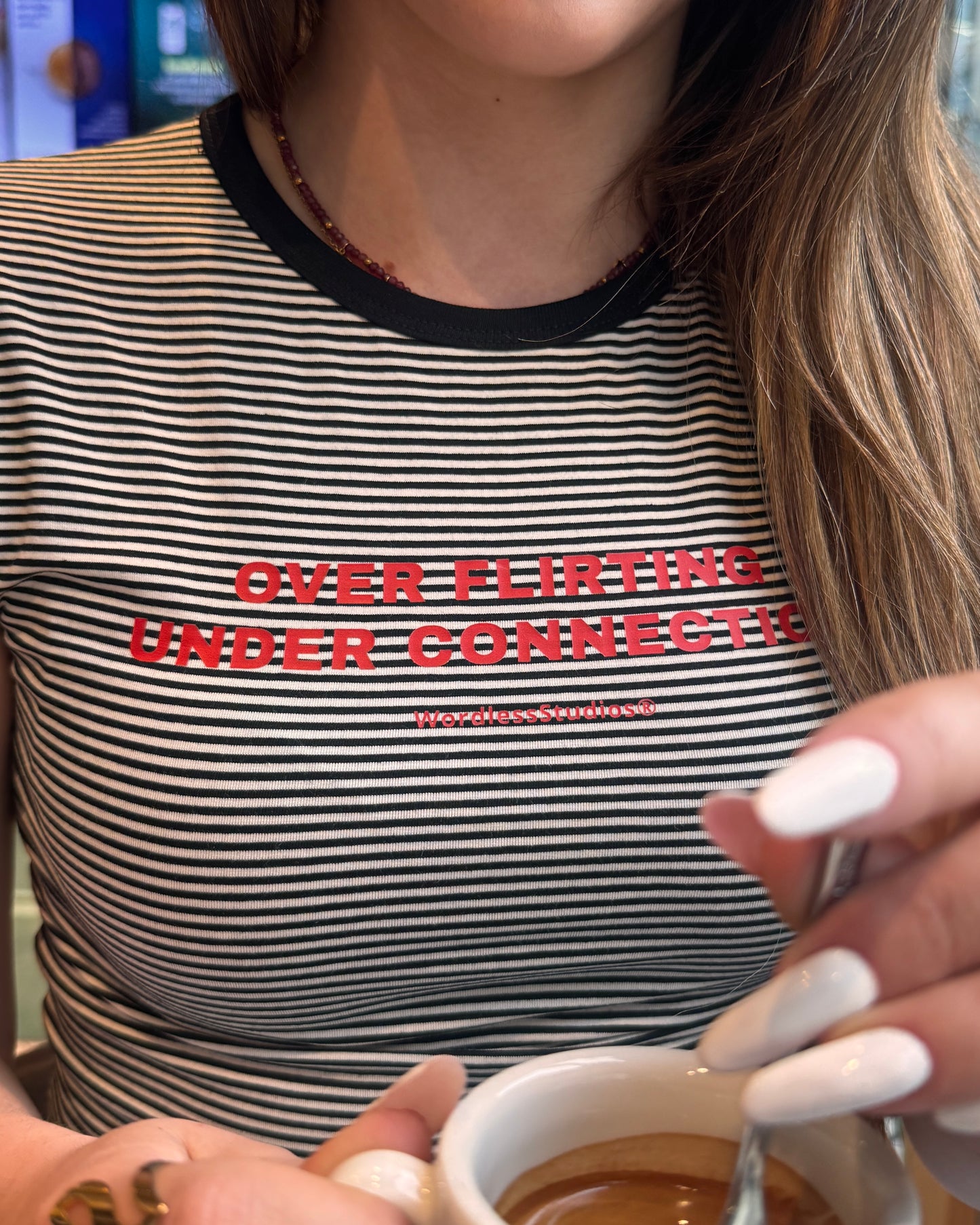 WORDLESS LADIES Flirting Striped Cropped Tee